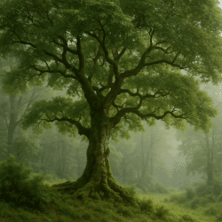 A moss-covered ancient tree stands tall in a foggy forest, its twisted branches stretching into the mist with soft green foliage all around.