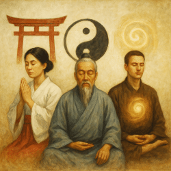 Three spiritual practitioners from Shinto, Taoist, and 4 Ascendant traditions meditating beneath their respective symbols—Torii gate, Yin-Yang, and a glowing spiral—symbolizing cultivated intuition across traditions.
