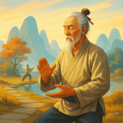 Elderly man practicing Qi Gong at sunrise by a pond with mountains and autumn trees in the background, modern semi-realistic painting.