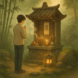 Illustrated small Taoist shrine in a forest clearing with a modern visitor in prayer, featuring incense, offerings, and traditional Chinese architecture surrounded by bamboo and rocks.