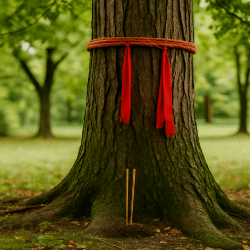 Tree trunk wrapped in red ritual rope with fabric strips, incense sticks placed at base, in a green forest setting.