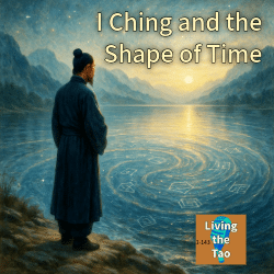 A Taoist figure stands beside a river at dawn, gazing into swirling water that reflects stars and sunlight, symbolizing destiny and non-linear time.
