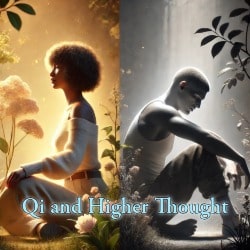 Side-by-side image of two mixed-race individuals, one radiating vitality in a bright, natural setting (high qi), the other appearing fatigued in a muted, shadowy background (low qi), symbolizing the difference between elevated and diminished thought.
