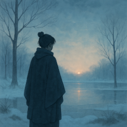 A solitary figure in a winter cloak stands before a frozen lake at twilight, watching a faint light rise on the horizon. Quiet landscape with bare trees, mist, and a calm, introspective mood expressing Taoist winter themes.