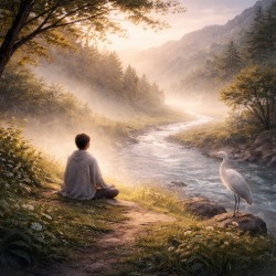 A solitary figure rests beside a flowing river at dawn while a white crane stands nearby, symbolizing patience, balance, and right timing. The image reflects the collection’s focus on happiness as an emergent condition—arising through alignment, reduced effort, and inner clarity rather than force.