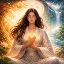 A single person in calm meditation holding a glowing heart, symbolizing balanced Taoist love through emotion, choice, and inner harmony.