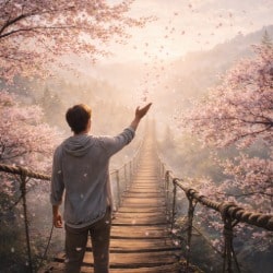 Person releases chery blossoms into the wind as a symbolic gesture of wu wei