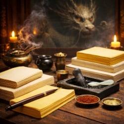 Traditional Taoist talisman materials including ritual paper stacks, inkstone with pestle and jade tool, pigments, and altar tools beneath a watching dragon