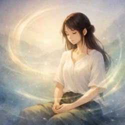 Young woman in quiet contemplation surrounded by flowing light, symbolizing a responsive relationship with the Tao