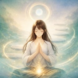 Young woman in calm meditation with flowing light, representing the foundational building blocks of Taoist invocation