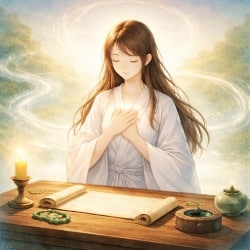 Woman in calm Taoist invocation with hands at the heart, representing manifestation as internal action within the flow of choice