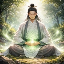 Taoist practitioner seated in stillness, invoking health through calm alignment and flowing internal energy
