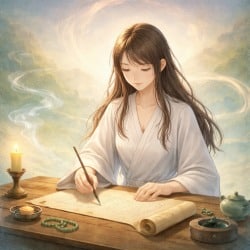 Woman calmly writing an invocation on a scroll, symbolizing the deliberate use of specific words in Taoist practice.