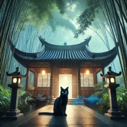 Black cat sitting before a lantern-lit Taoist temple surrounded by bamboo at night