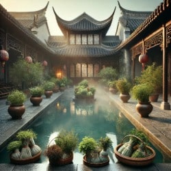 Classic Chinese bathing pool with bundles of traditional herbs arranged beside the water in a serene courtyard setting.