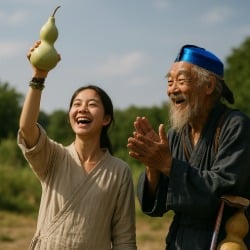 The immortal iron crutch li celebrates as young woman plucks gourd.
