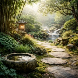 Taoist garden with curved stone path, water basin, lantern, and natural layered landscape in soft morning light