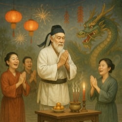 Taoist practitioners observe a taoist holiday in front a simple altar.