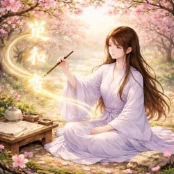 Woman seated in a peach grove brushing luminous characters into the air, symbolizing Taoist invocation and movement within the flow of choice