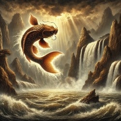 Carp leaping up a waterfall at the Dragon Gate as it begins transforming into a dragon in a traditional Chinese myth scene.