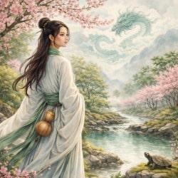 Mixed-race Taoist woman in spring landscape with peach blossoms, turtle, flowing stream, and cloud-formed Azure Dragon symbolizing renewal in Taoism