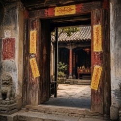 Yellow Taoist protection talismans attached to an old wooden doorway with red ritual script
