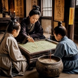 Female Taoist instructor teaching two students using a sand table with green jade-tinted sand and incense burner