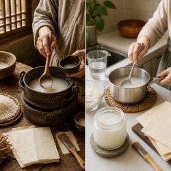 Split image showing traditional and modern preparation of rice glue for paper craft, talisman work, and biodegradable ritual use.