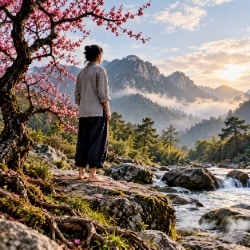 Barefoot Taoist practitioner standing beside a mountain stream beneath a flowering plum tree.